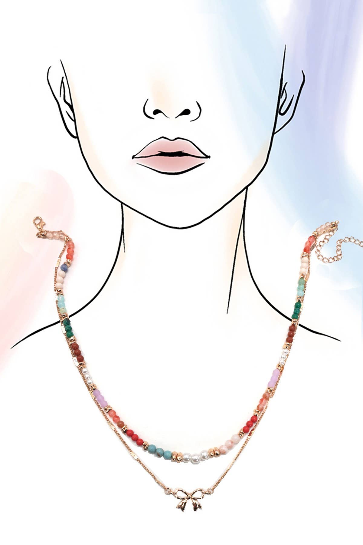 Multi Beaded Double Layered Bow Charm Necklace