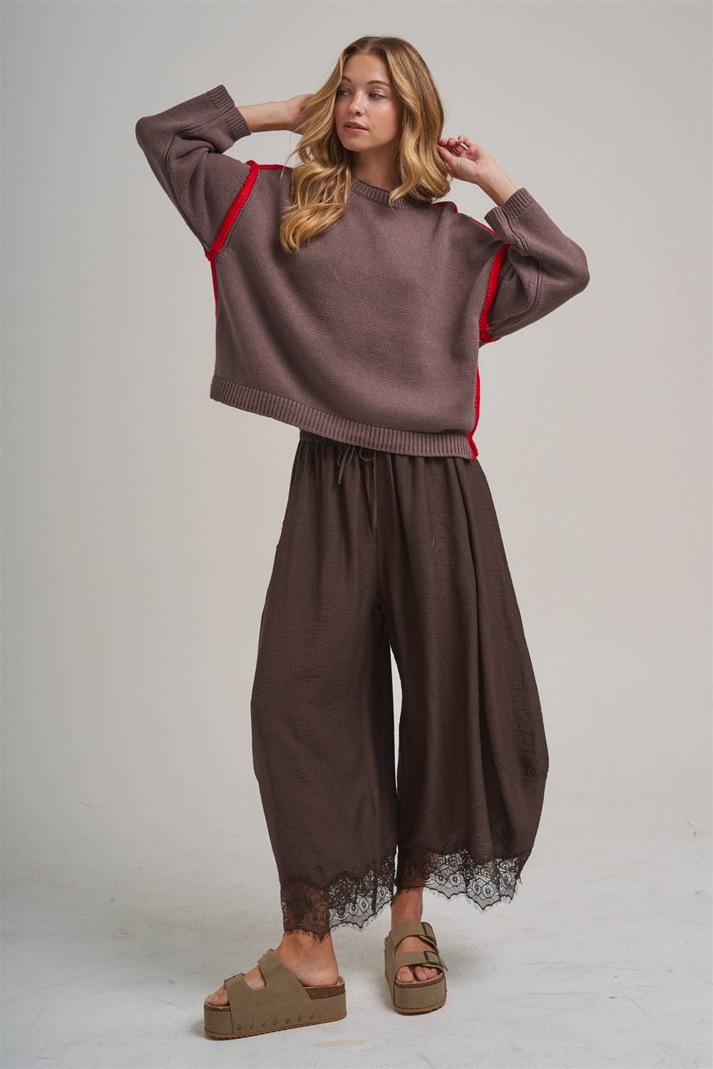 Lightweight Flowy Wide Balloon Leg Pants With Lace