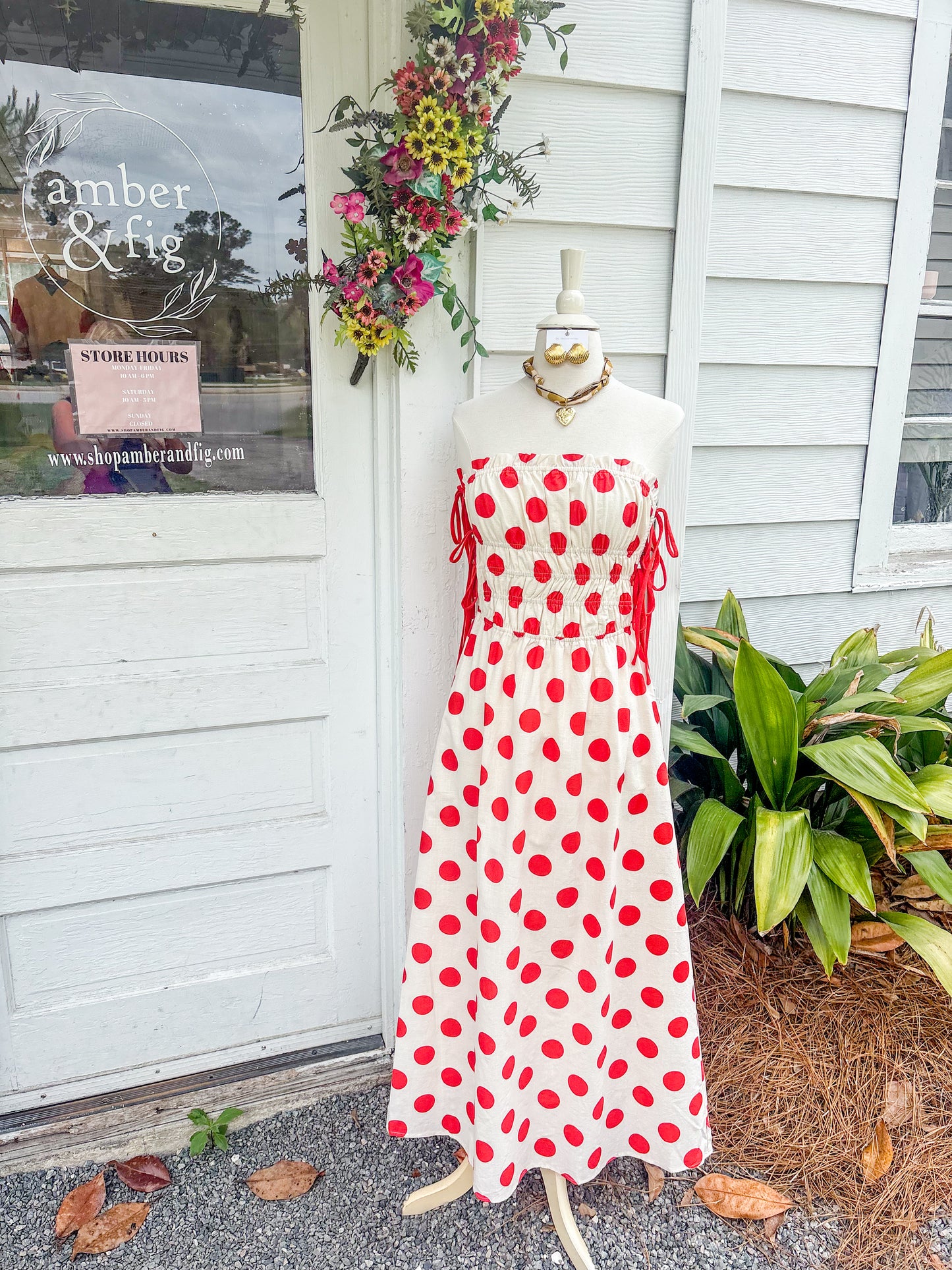 Poppy Red Polka Dot Strapless Dress