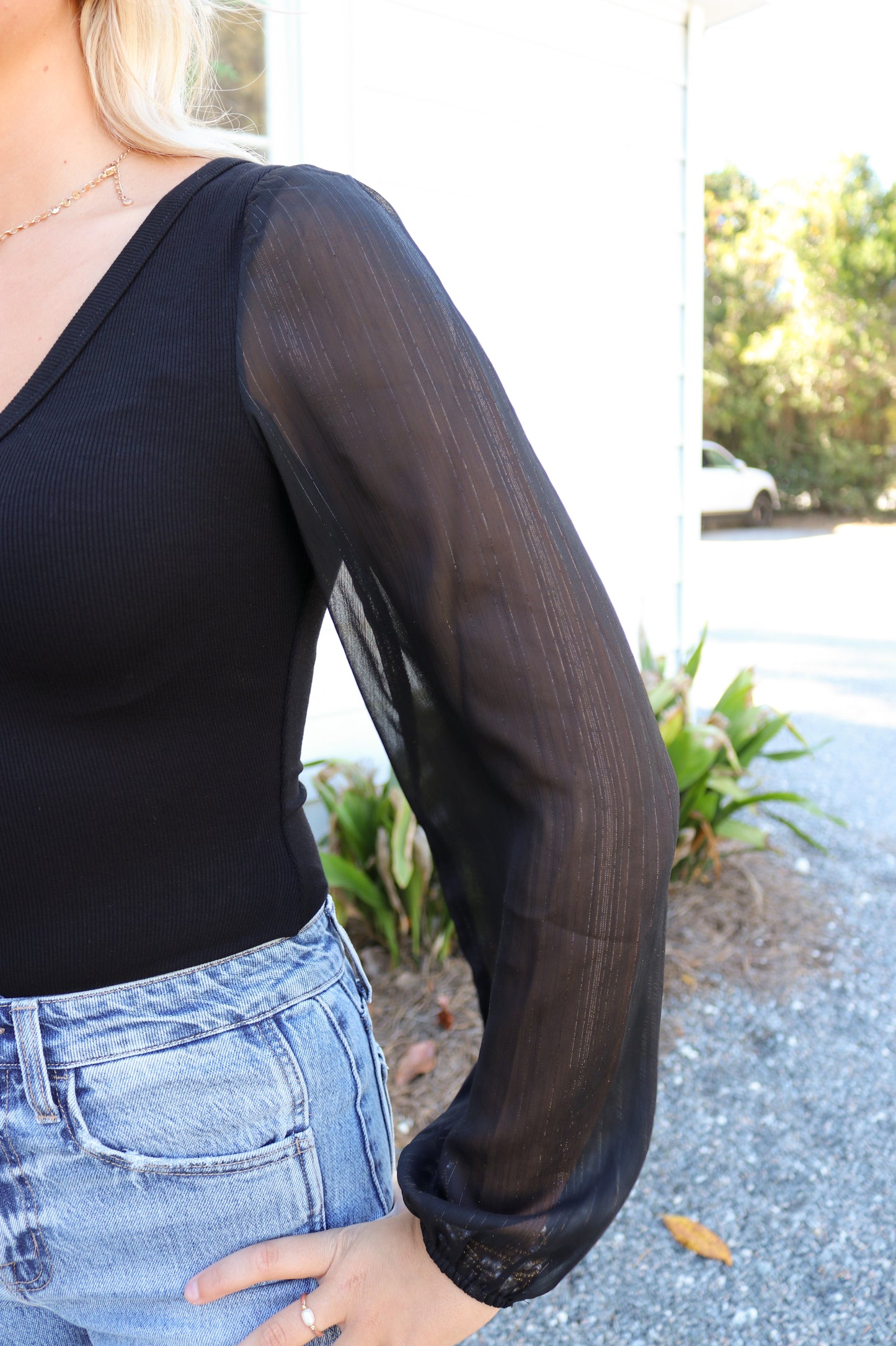 Black V-Neck Bodysuit with Sheer Long-Sleeves