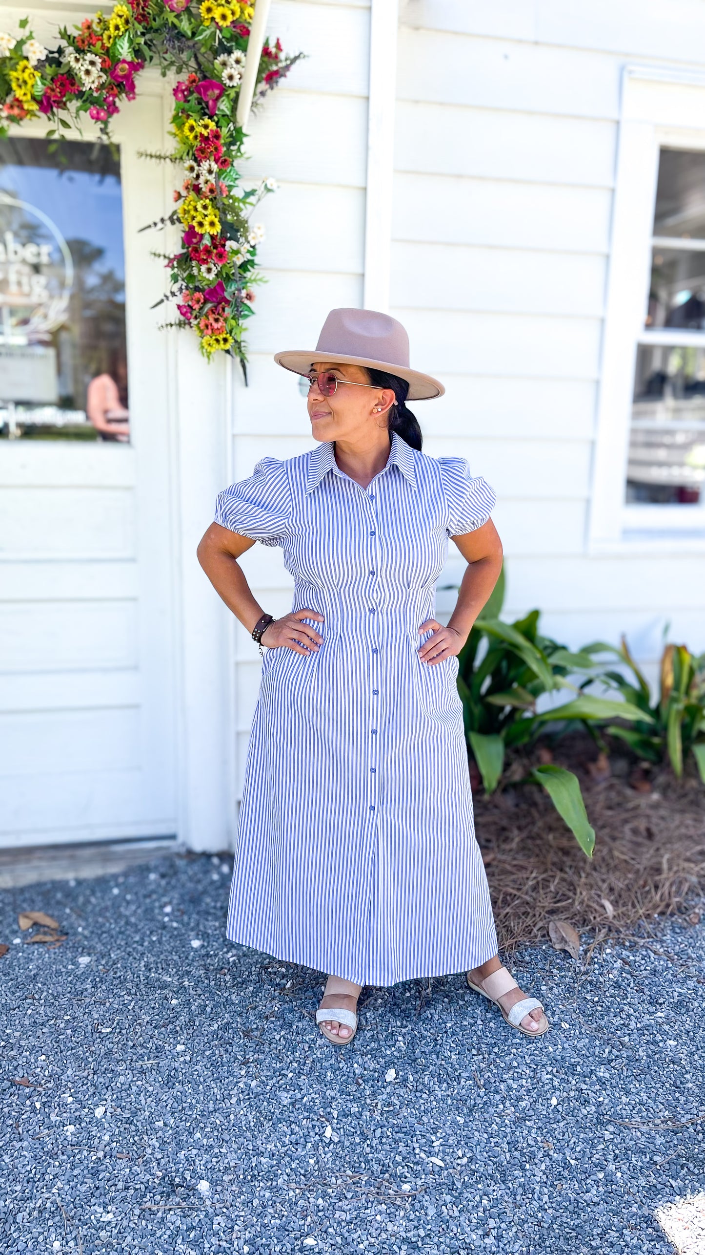 Stripe Collar Puff Sleeve Midi Dress