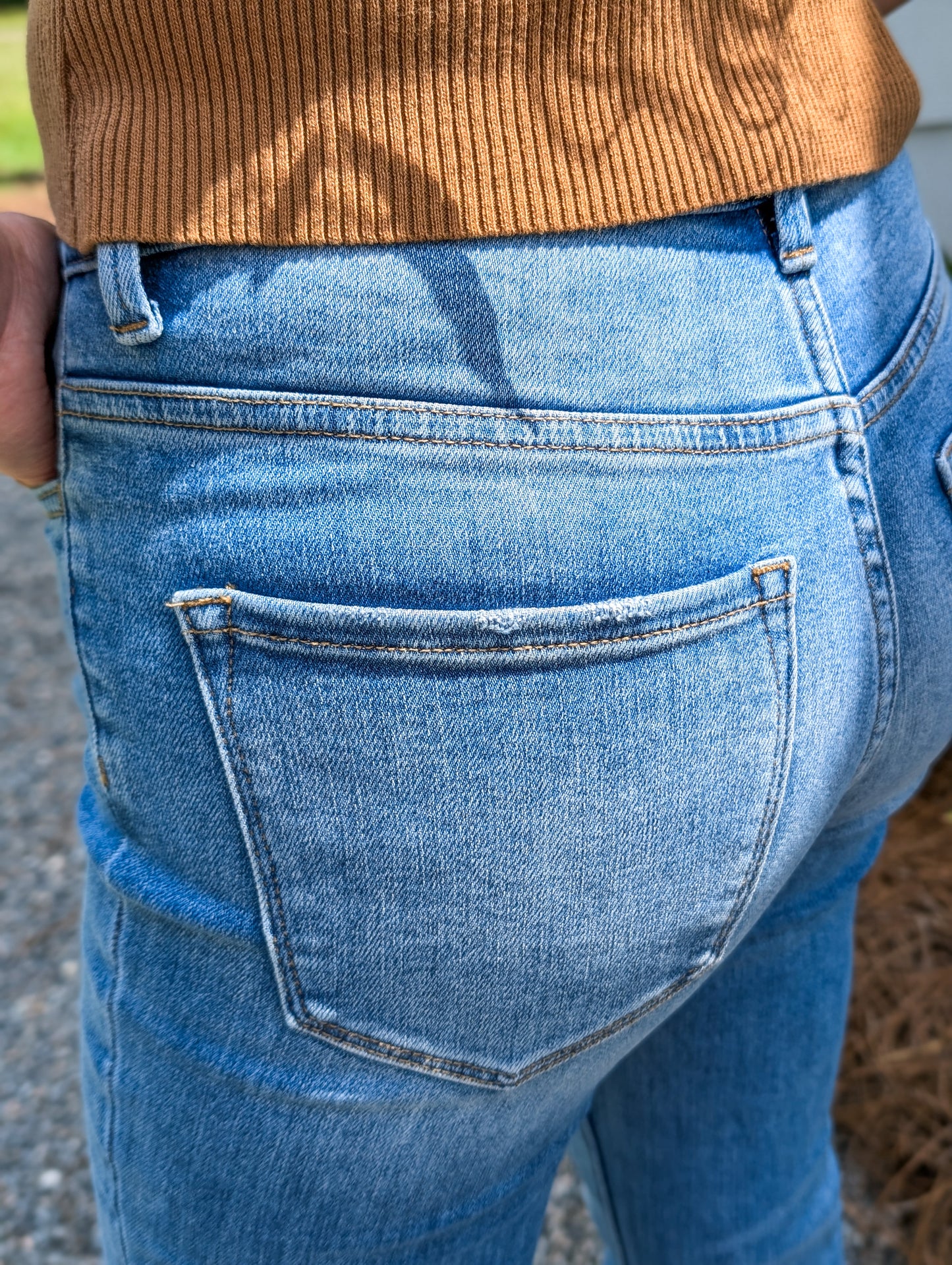 Medium Wash Raw Hem High Rise Flared Jeans