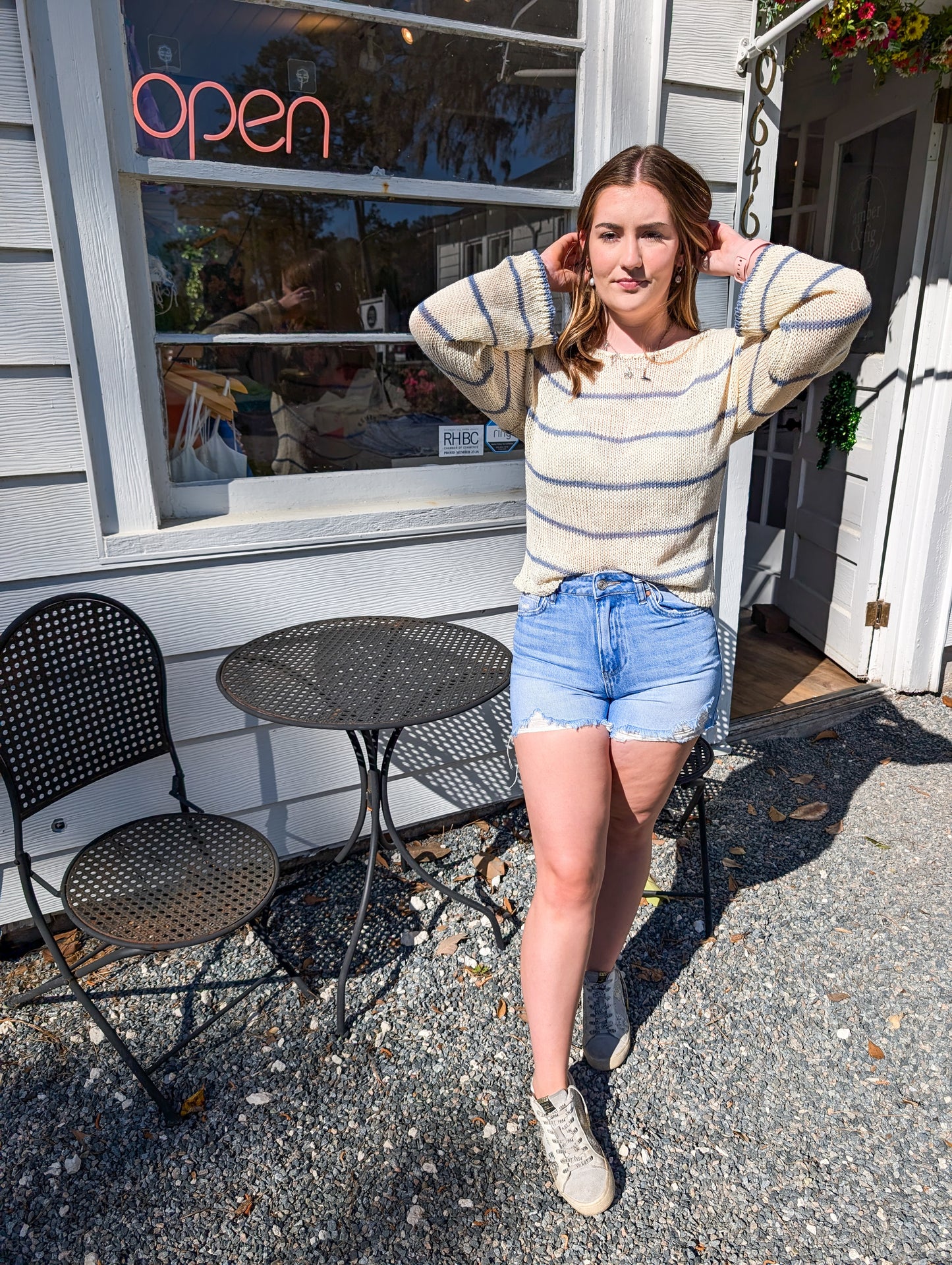 Ivory and Blue Striped Knit Sweater