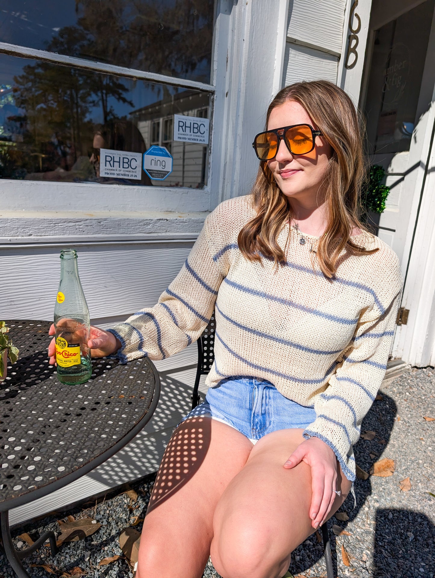 Ivory and Blue Striped Knit Sweater