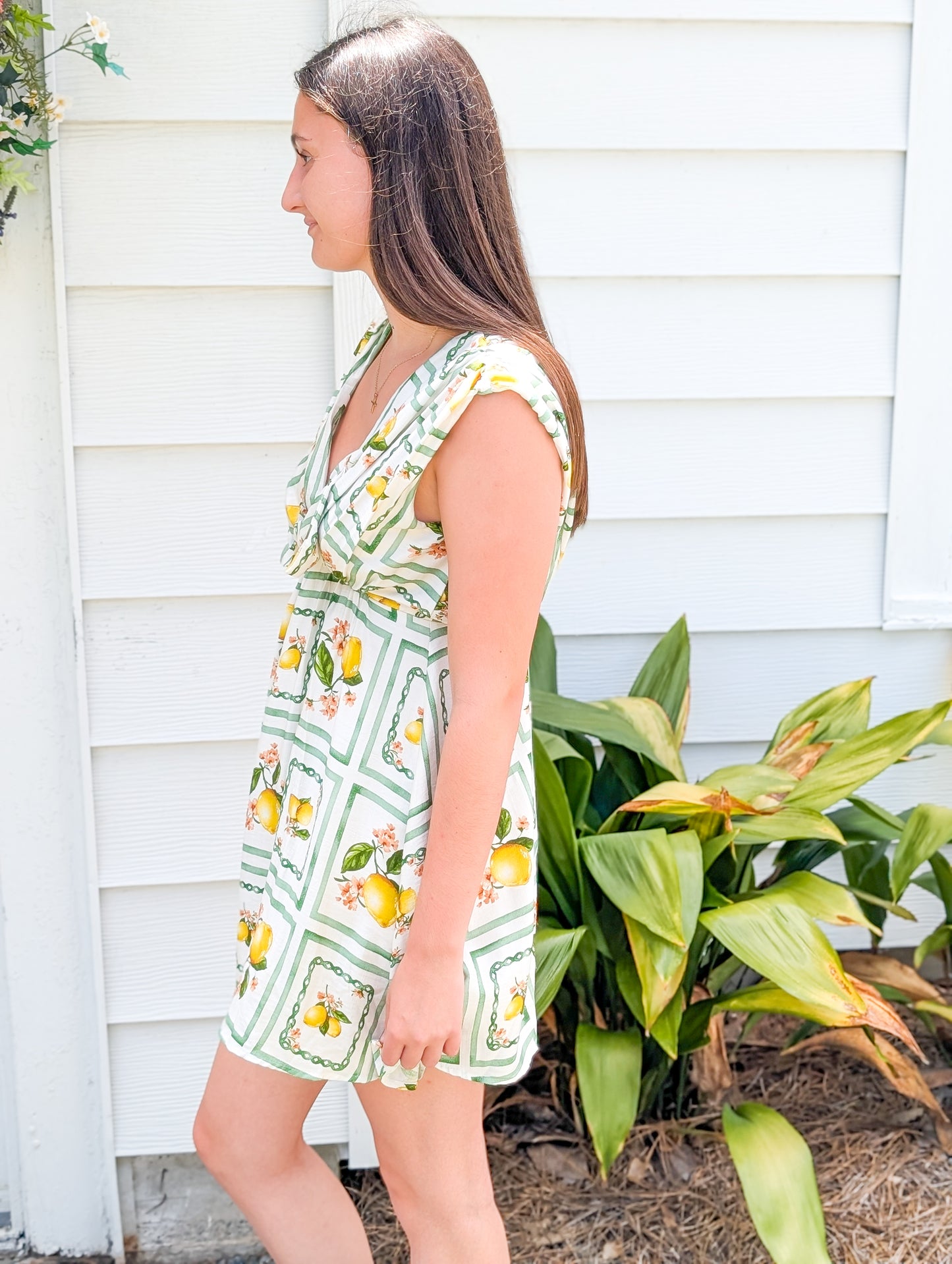Lemon Delight Print Bow Short Sleeveless Dress