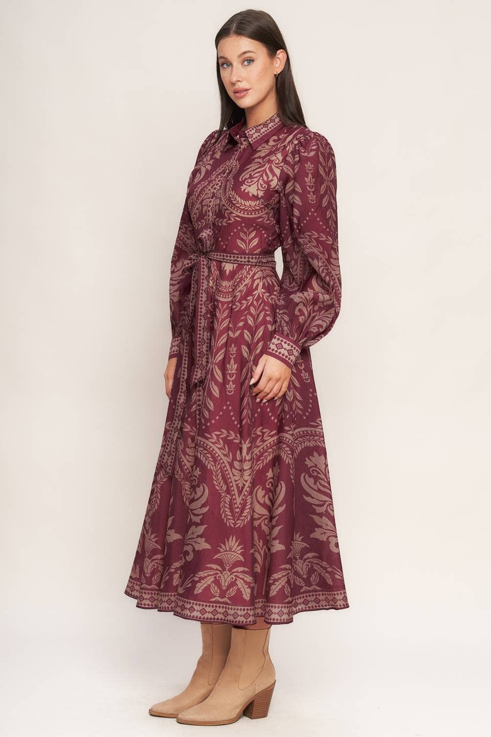 Burgundy Woven Midi Dress