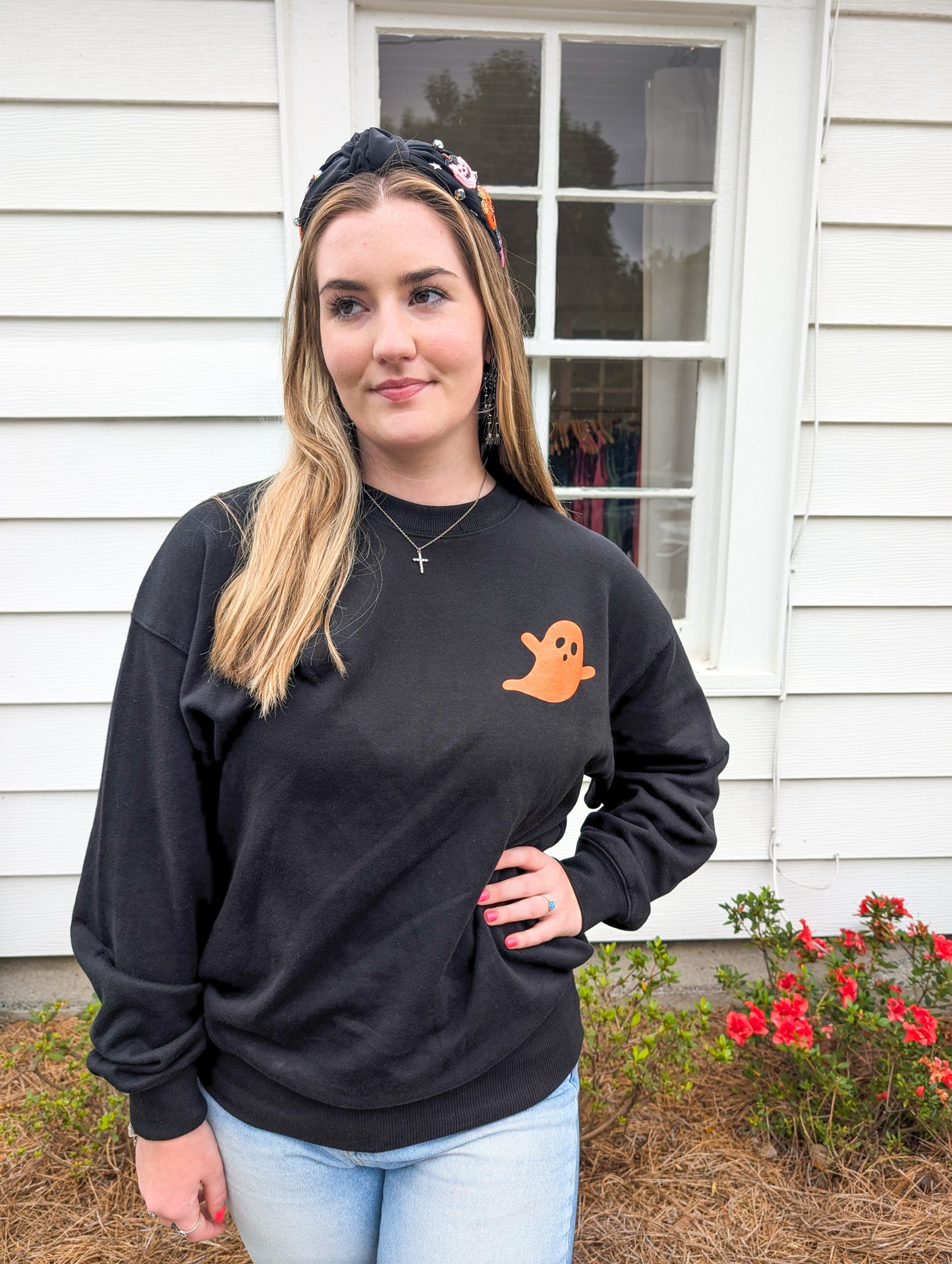 Black Orange Puffy Ghost Premium Graphic Sweatshirt