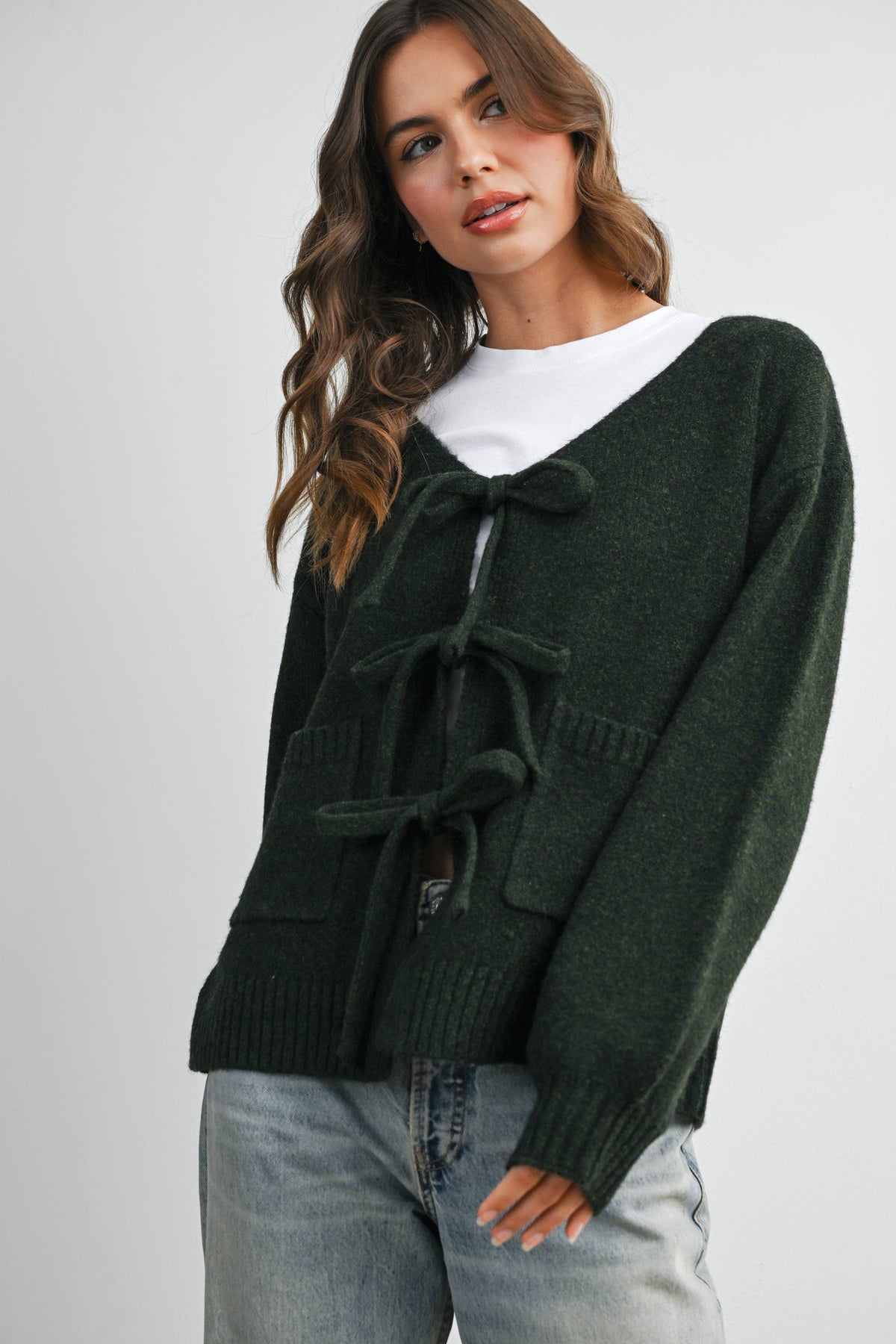 Knot Front Long Sleeve V-Neck Cardigan
