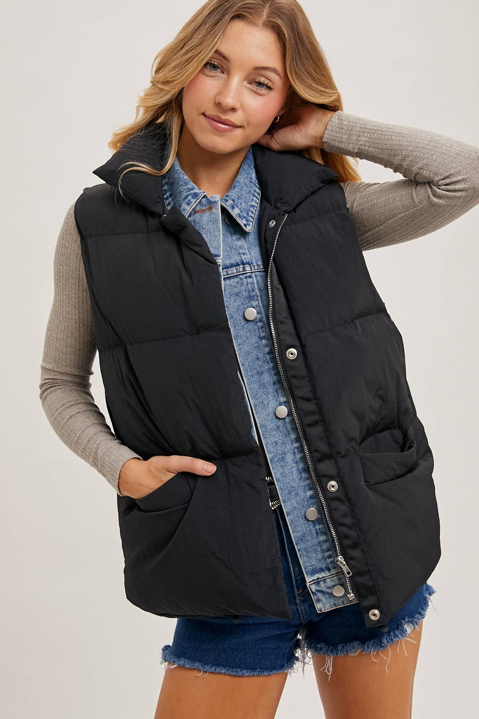 Black Puffer Vest with Denim Insert Detail and Pockets