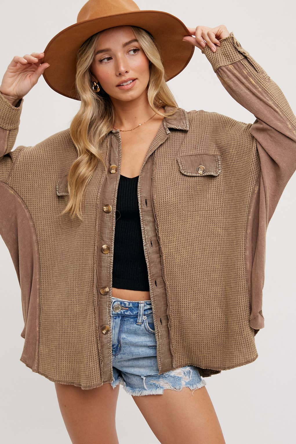 Slouchy Coffee Waffle Knit Button Up Shirt