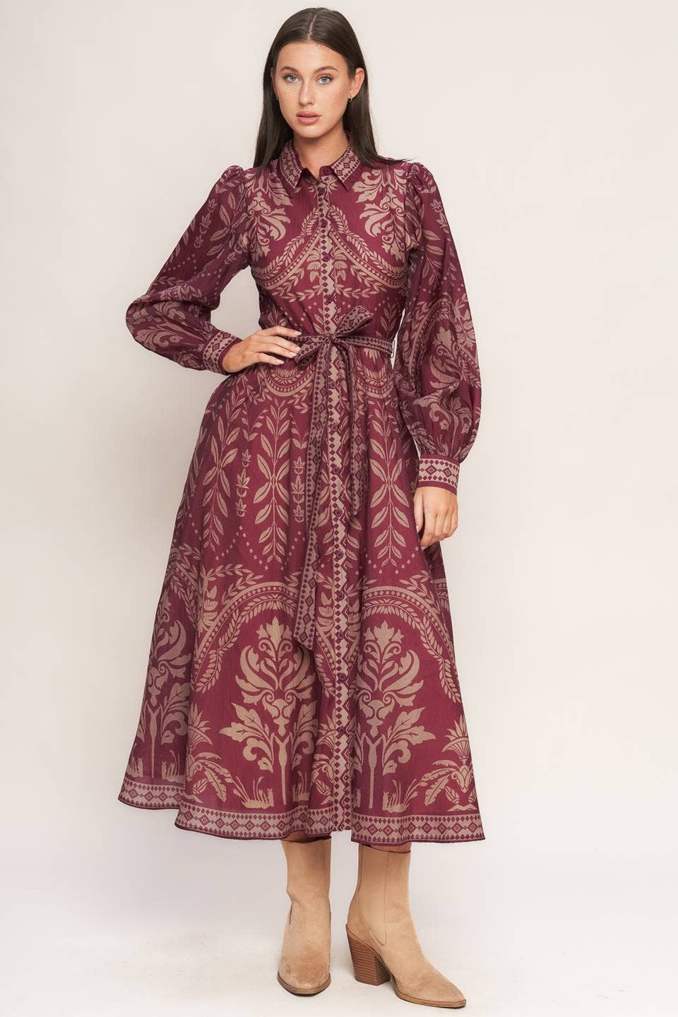 Burgundy Woven Midi Dress