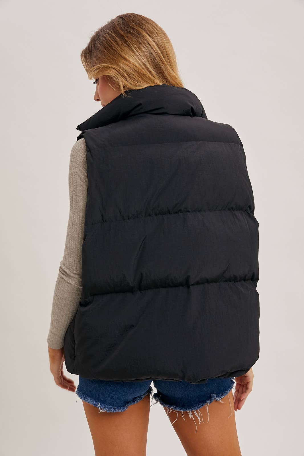 Black Puffer Vest with Denim Insert Detail and Pockets