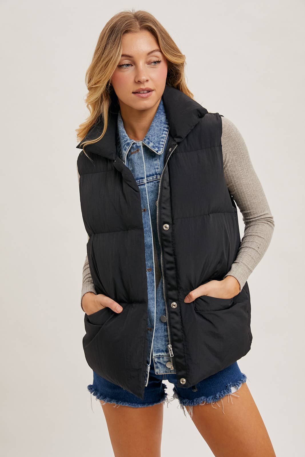 Black Puffer Vest with Denim Insert Detail and Pockets