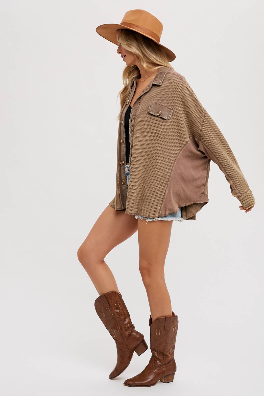 Slouchy Coffee Waffle Knit Button Up Shirt