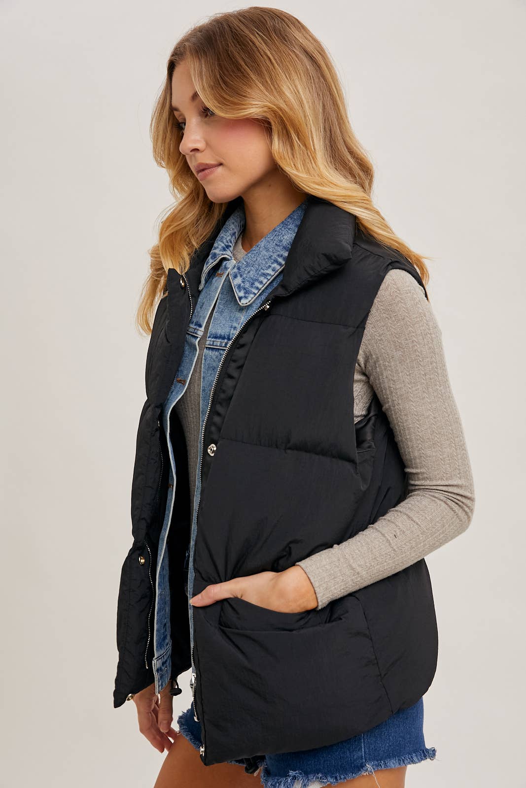 Black Puffer Vest with Denim Insert Detail and Pockets