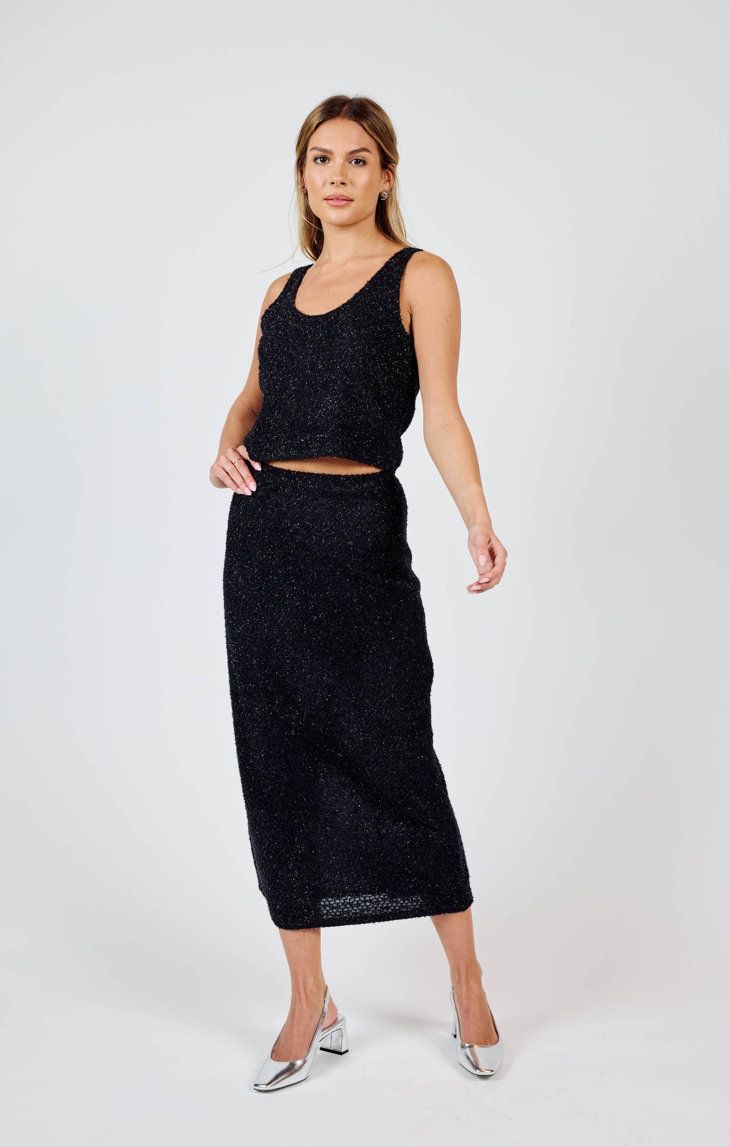 Creative Energy Lurex Knit Midi Skirt: BLACK SILVER