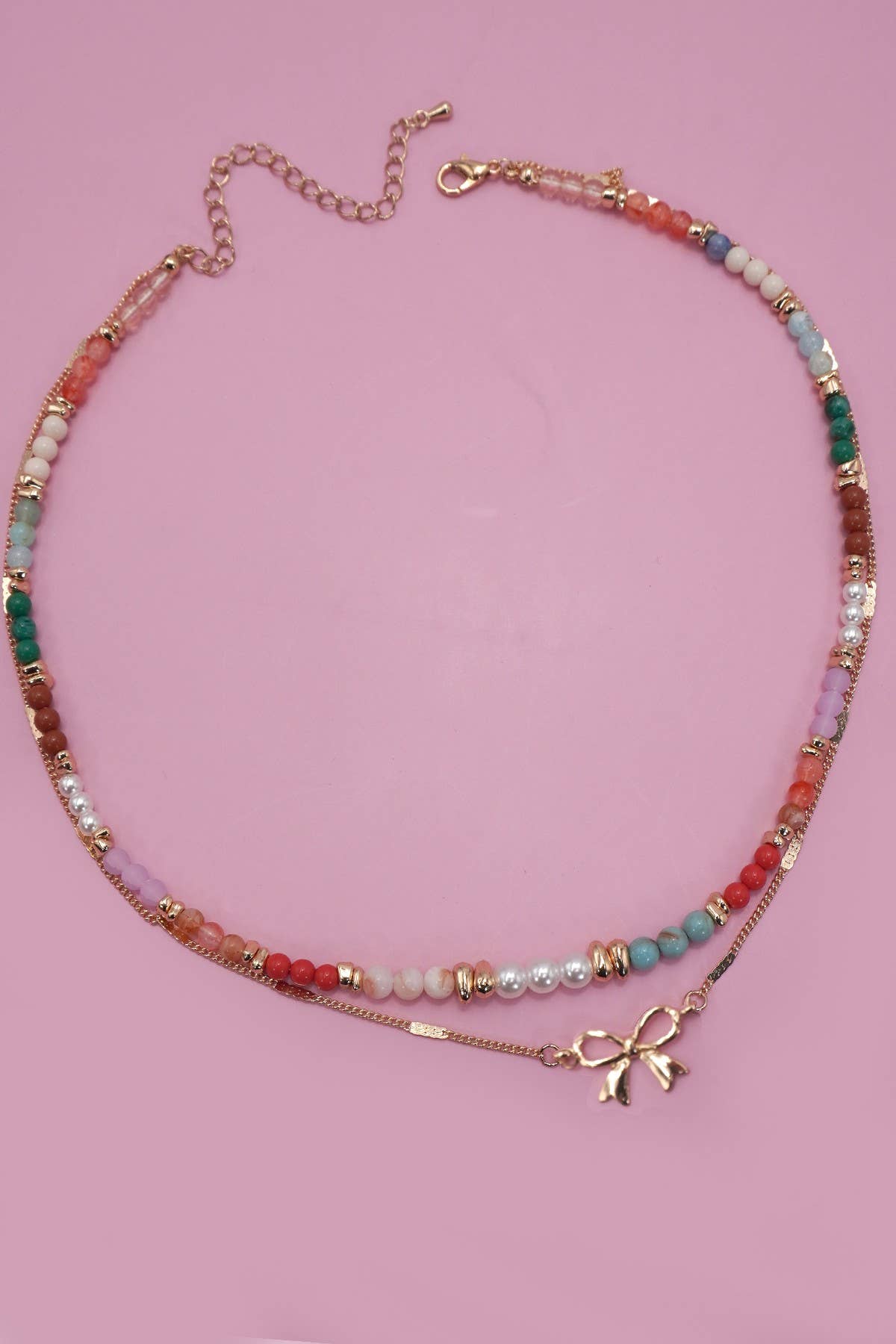 Multi Beaded Double Layered Bow Charm Necklace