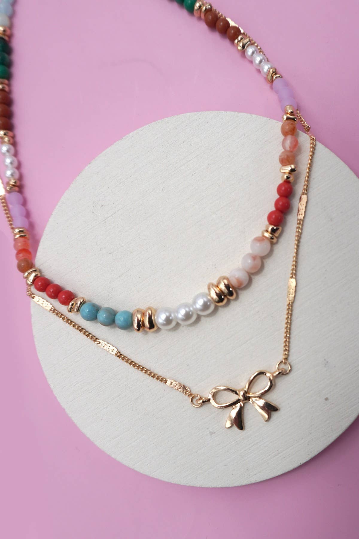 Multi Beaded Double Layered Bow Charm Necklace