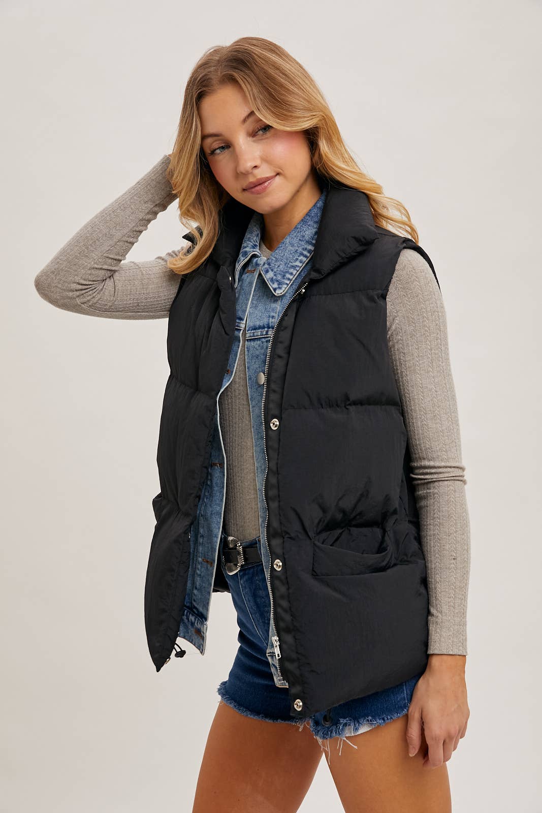 Black Puffer Vest with Denim Insert Detail and Pockets