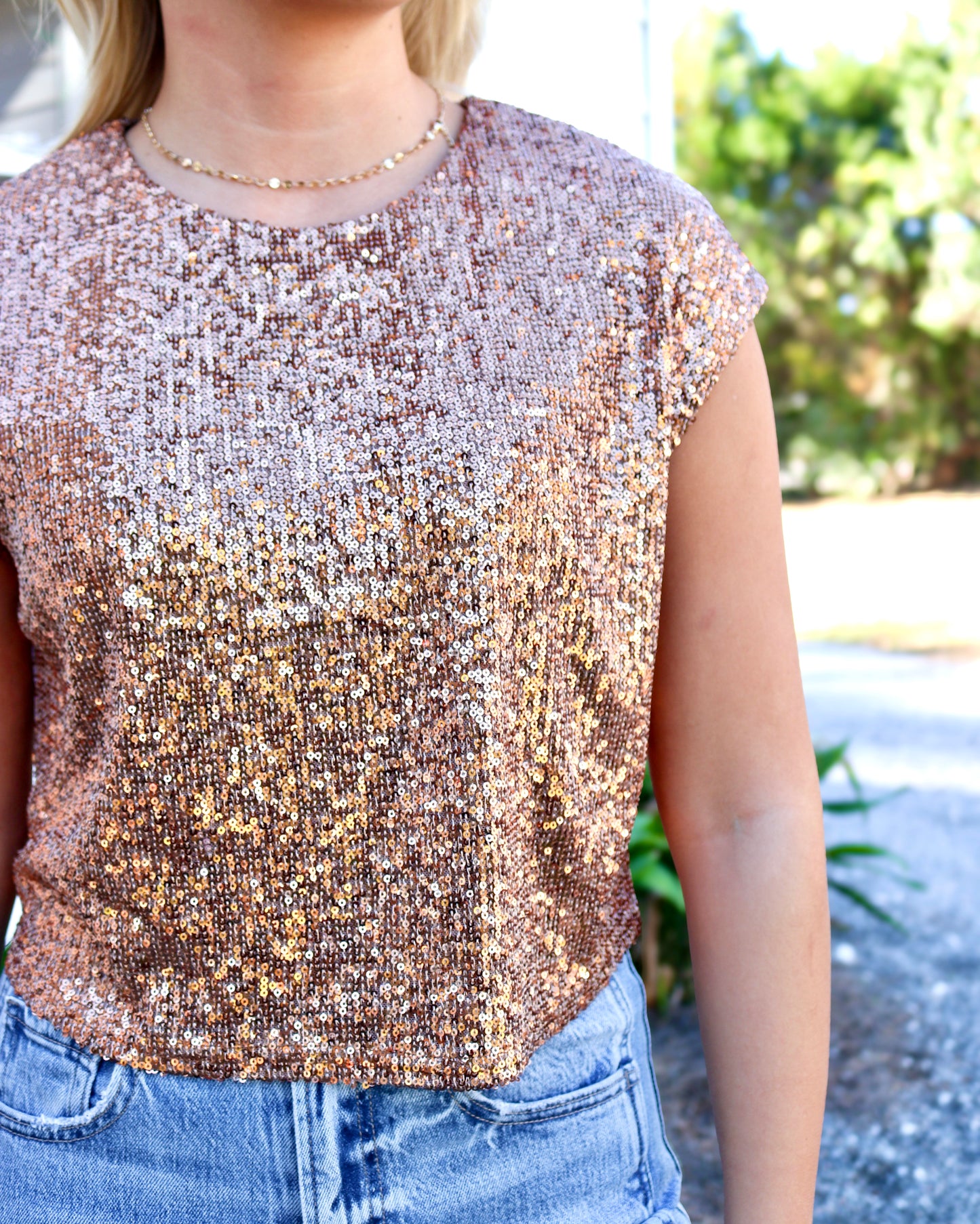 Sequined Sleeveless High-Neck Top
