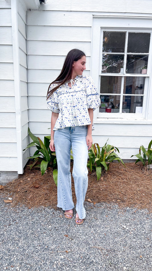 *FINAL SALE* Aegean Bloom Long Sleeve Collar Top