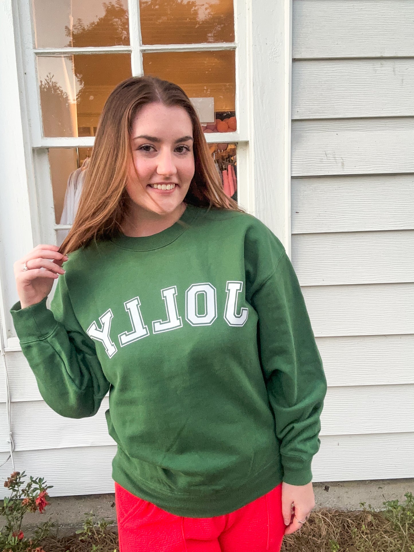 *Final Sale* Dark Green Sweatshirt with White Jolly Stencil Graphic