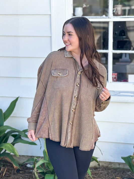 Slouchy Coffee Waffle Knit Button Up Shirt