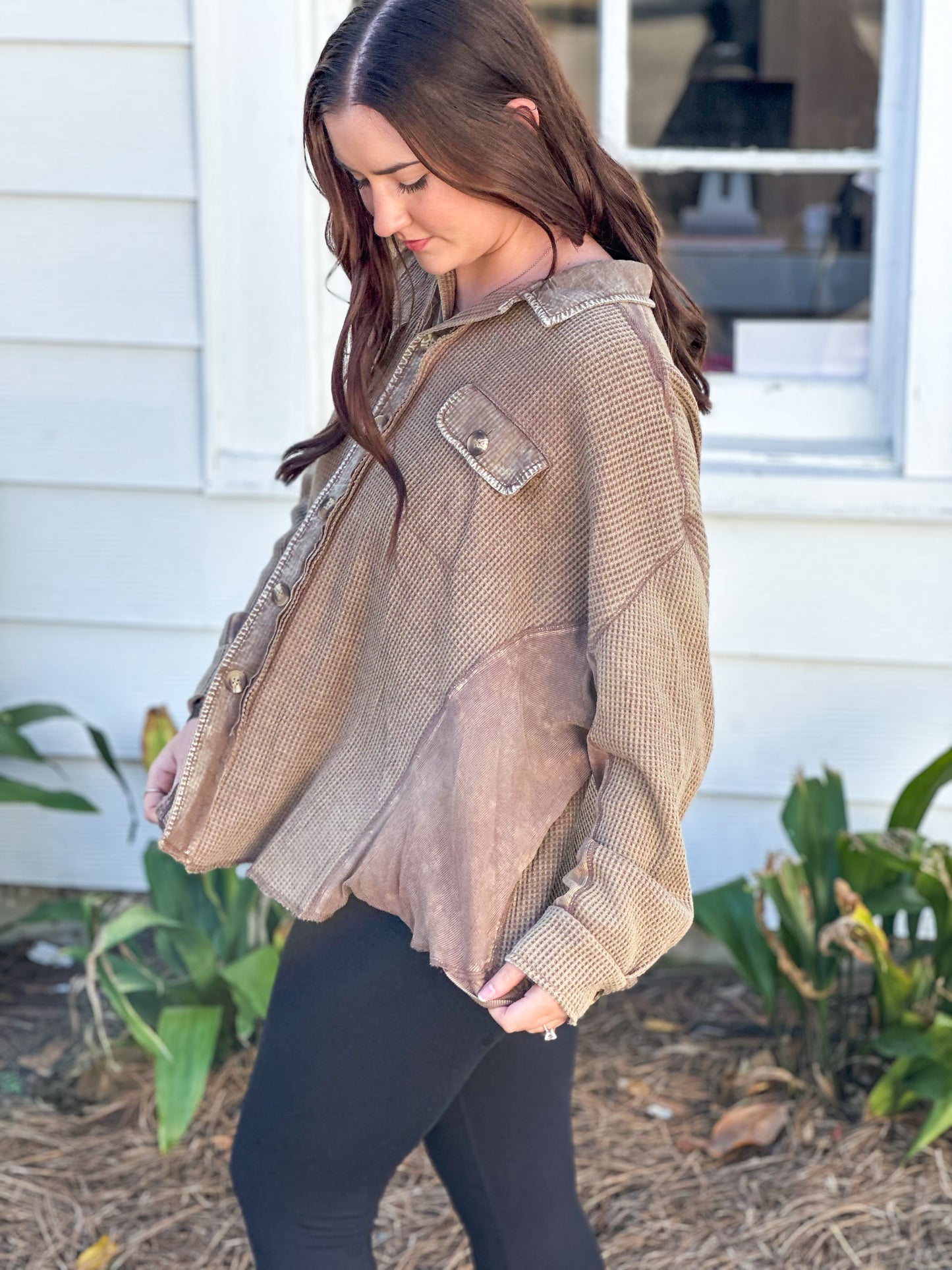 Slouchy Coffee Waffle Knit Button Up Shirt