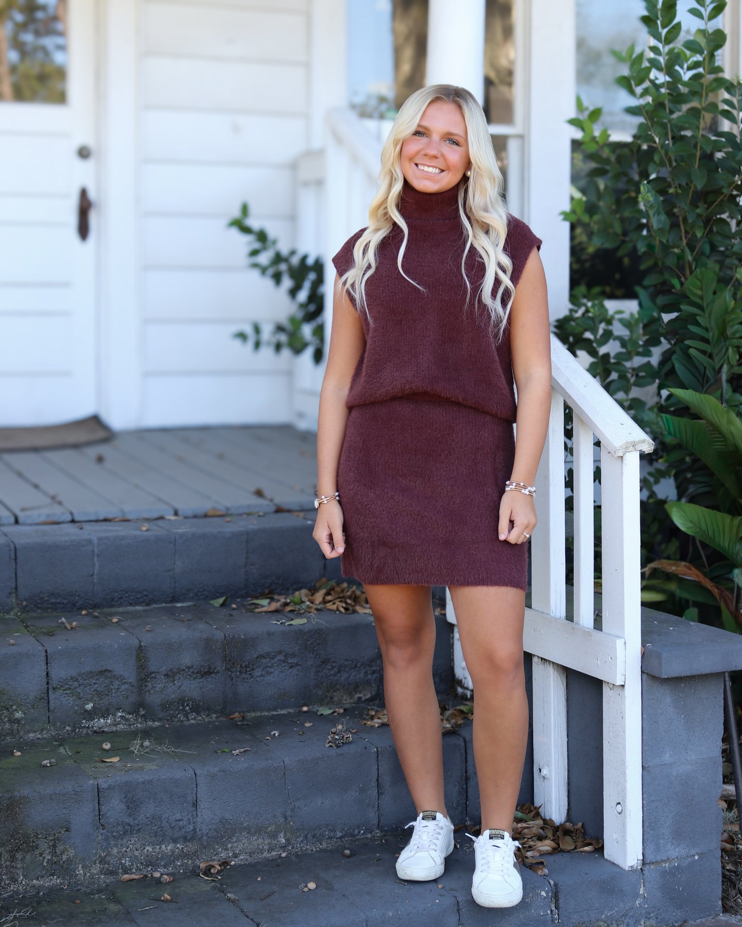 Burgundy Fuzzy Sweater Mini Skirt