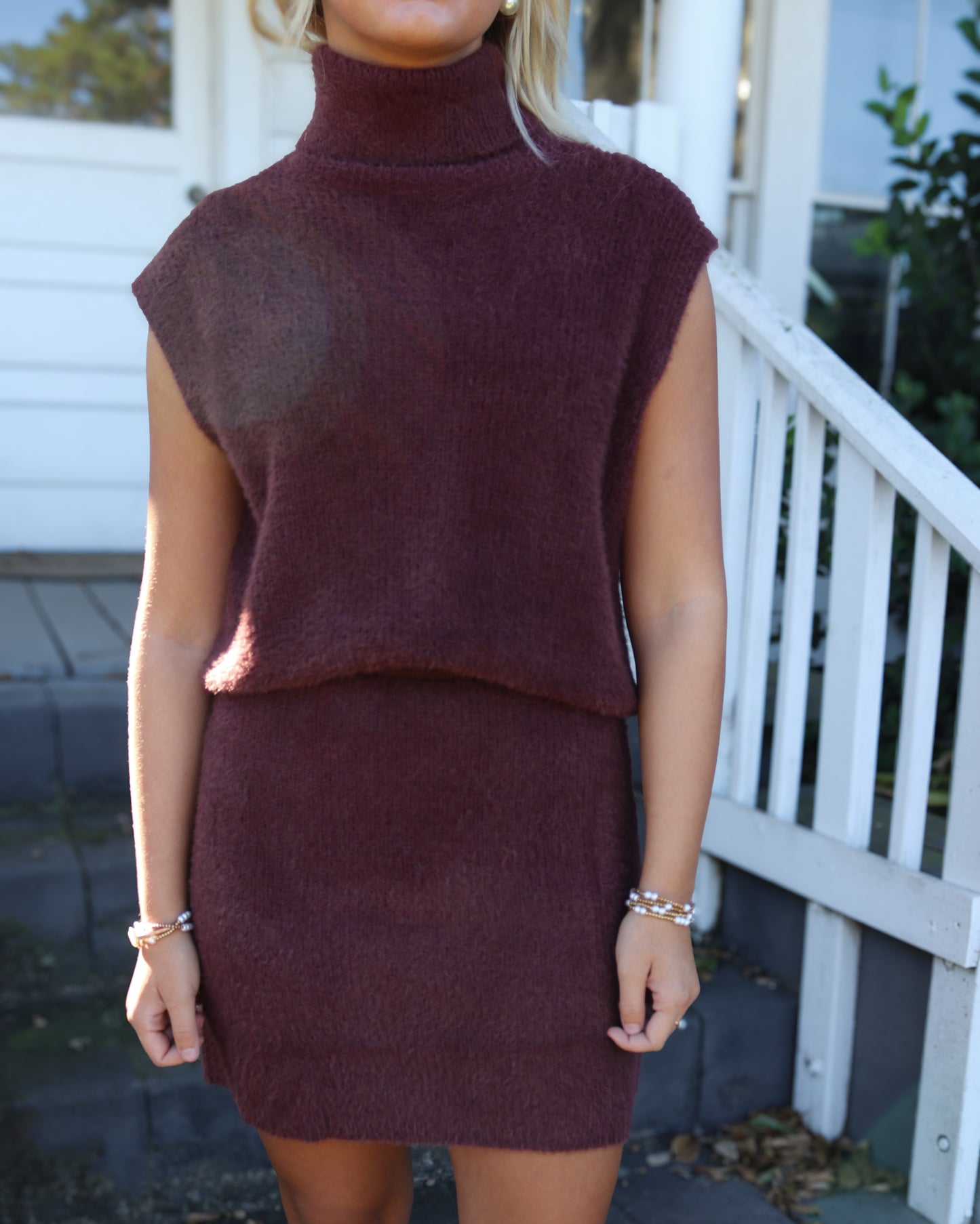 Burgundy Fuzzy Sweater Mini Skirt