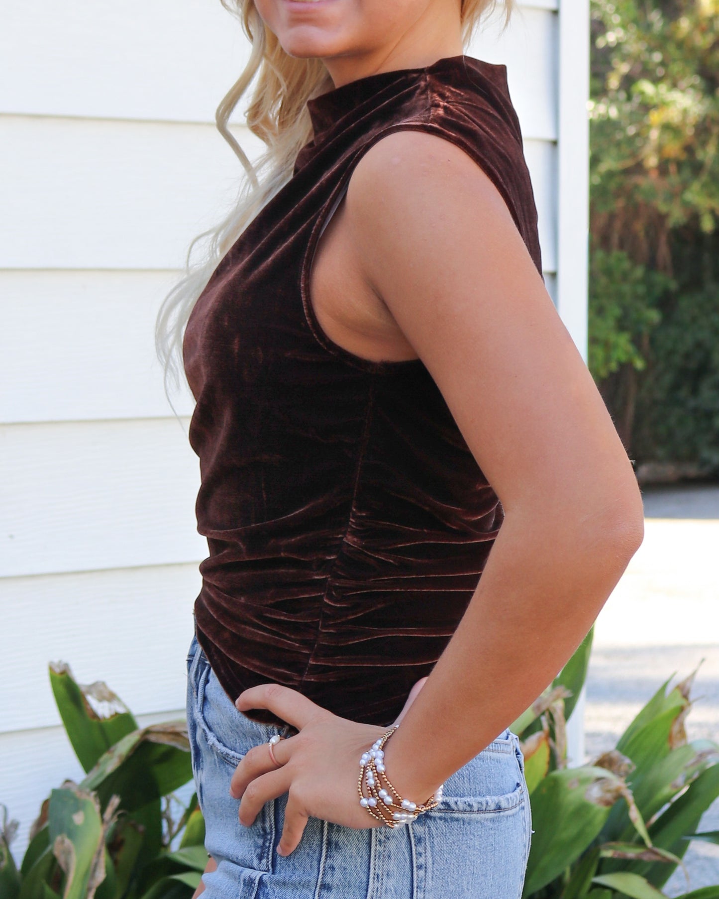 Ruched Velvet High-Neckline Top in Brown