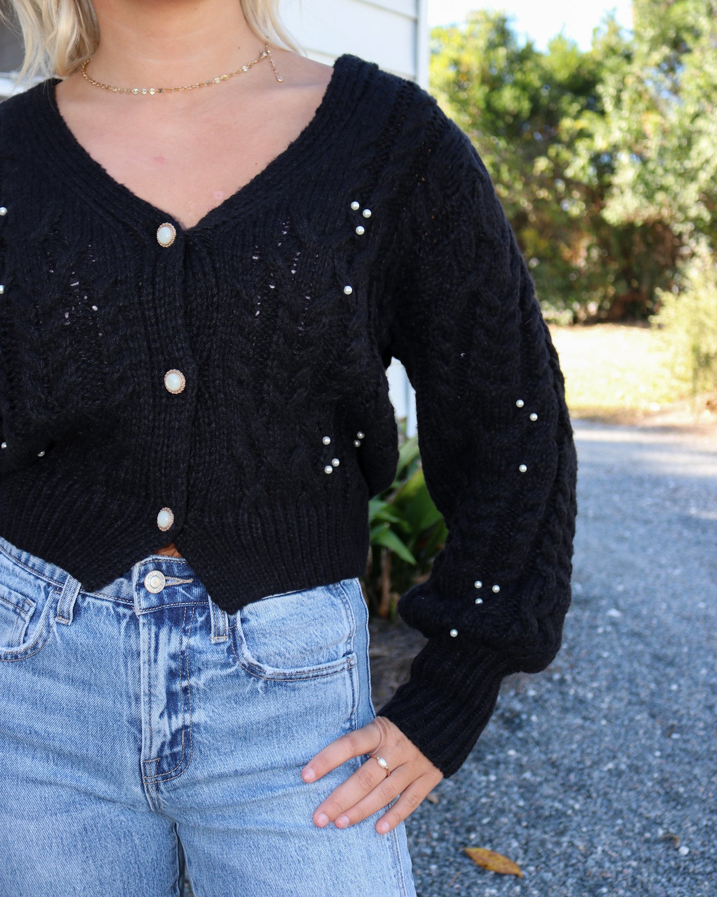 Bejeweled Pearl Cardigan in Black