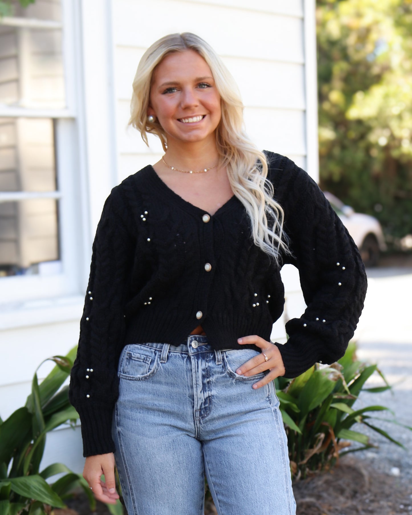Bejeweled Pearl Cardigan in Black