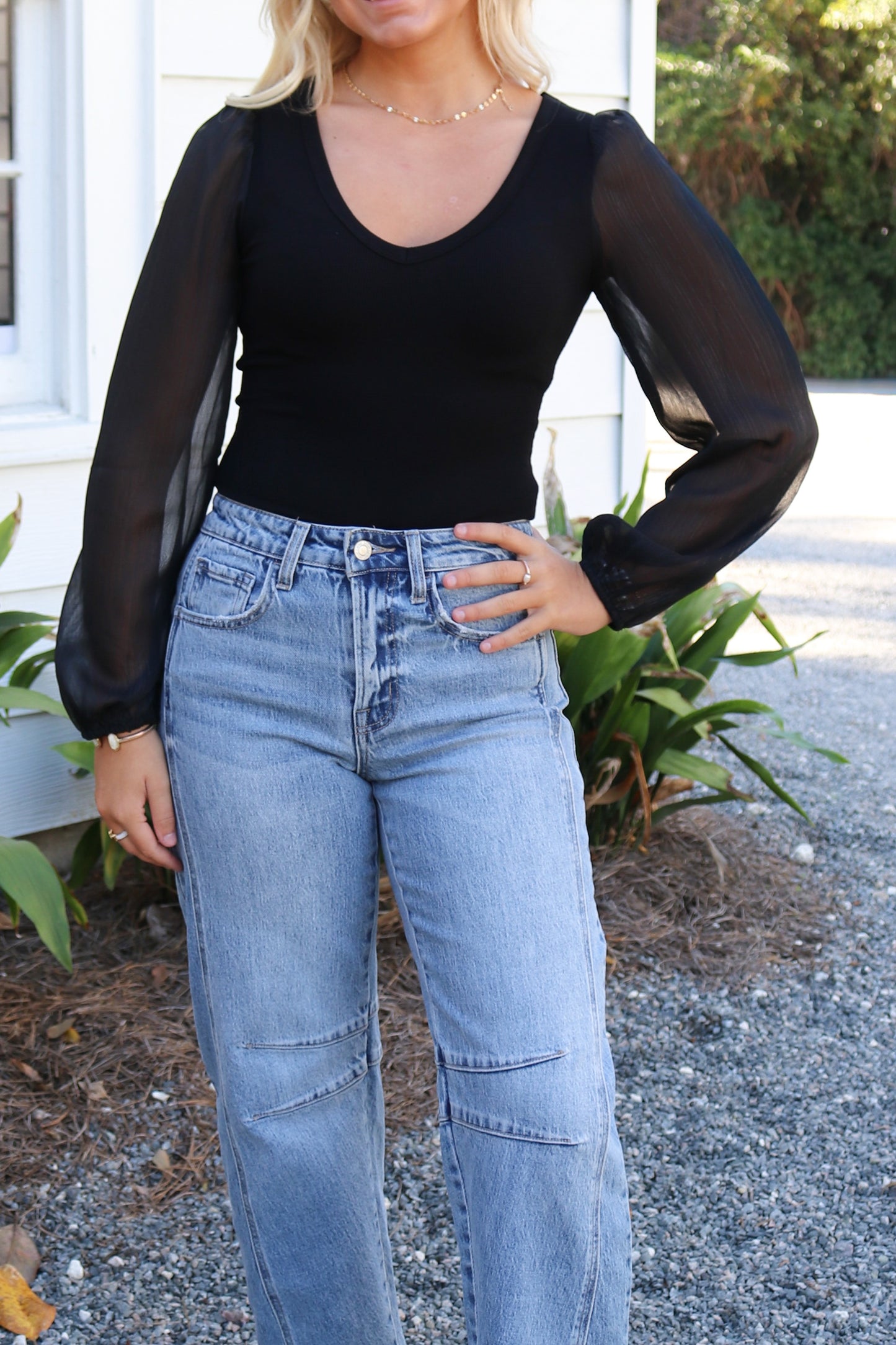 Black V-Neck Bodysuit with Sheer Long-Sleeves