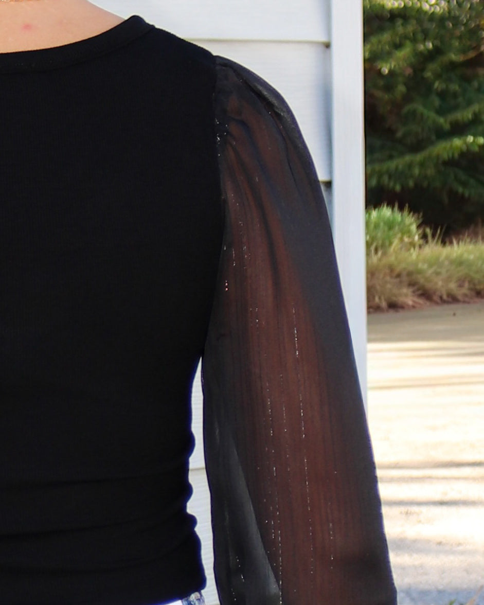 Black V-Neck Bodysuit with Sheer Long-Sleeves