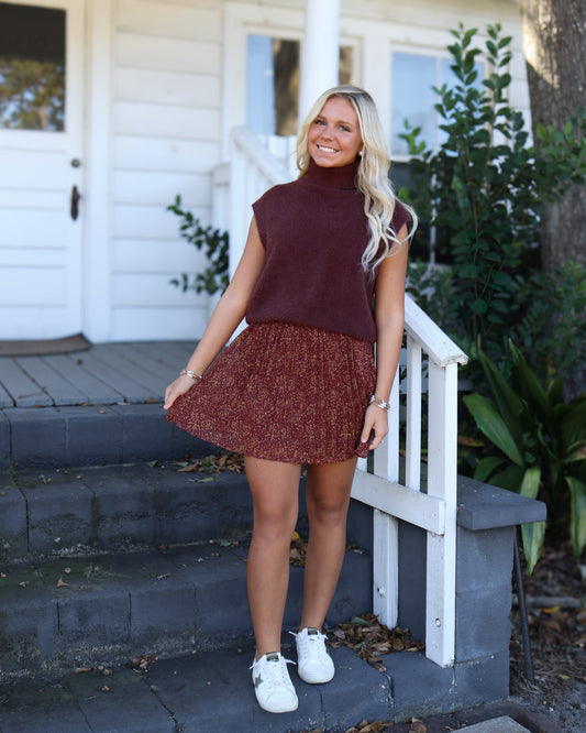 Dark Red Pleated Swing Skirt