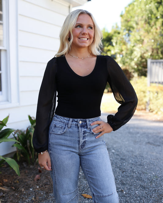 Black V-Neck Bodysuit with Sheer Long-Sleeves