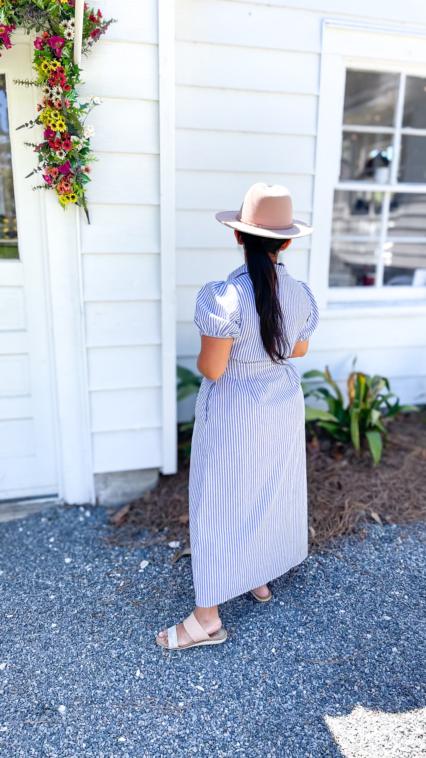 Stripe Collar Puff Sleeve Midi Dress