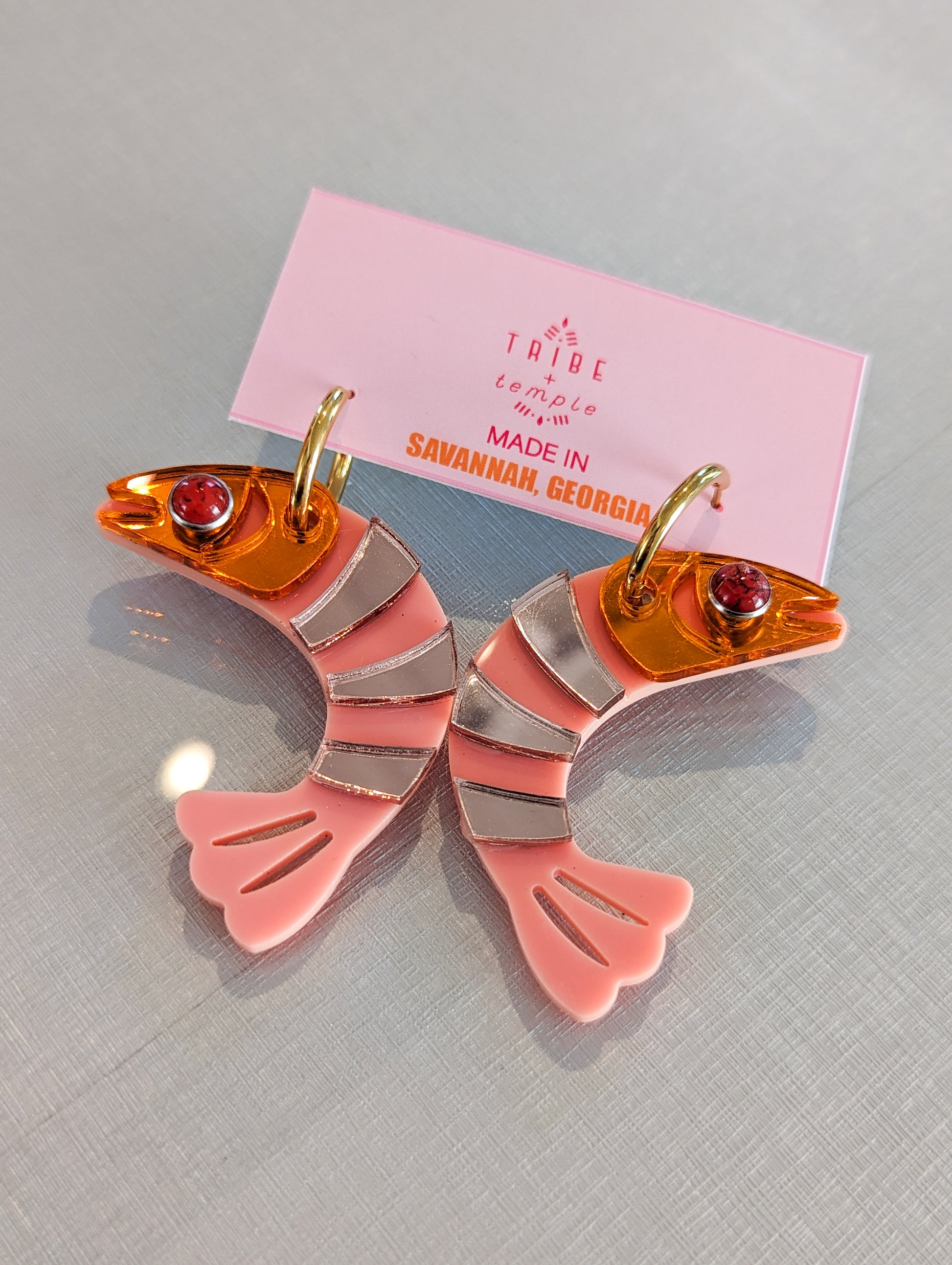 Orange silver and pink shrimp low country glam earrings