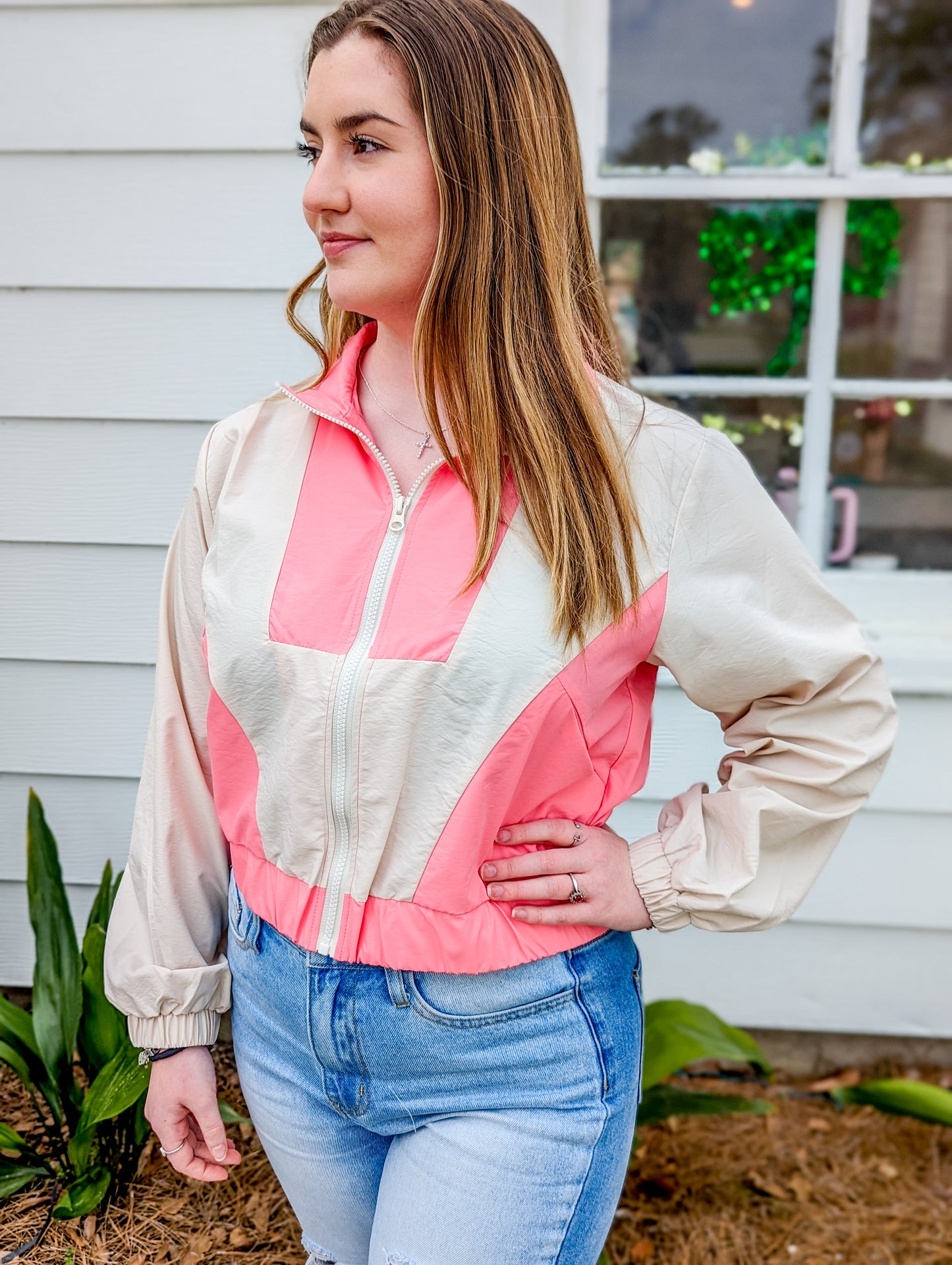 Neon  Pink Color Block and Cream Half Zip Windbreaker