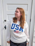 USA White Long Sleeve Ribbed Graphic Top