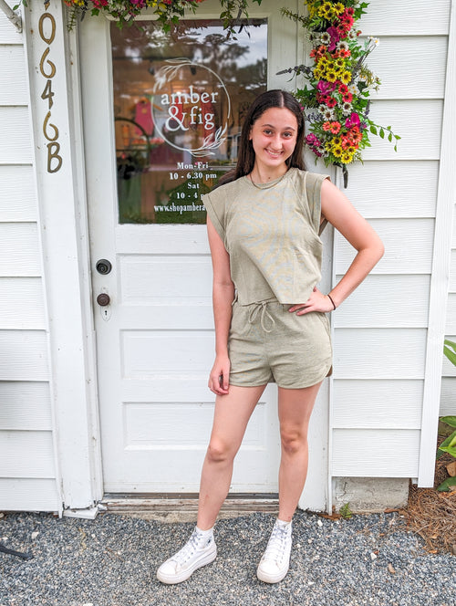 Sage/Navy Cuff Sleeve Top 