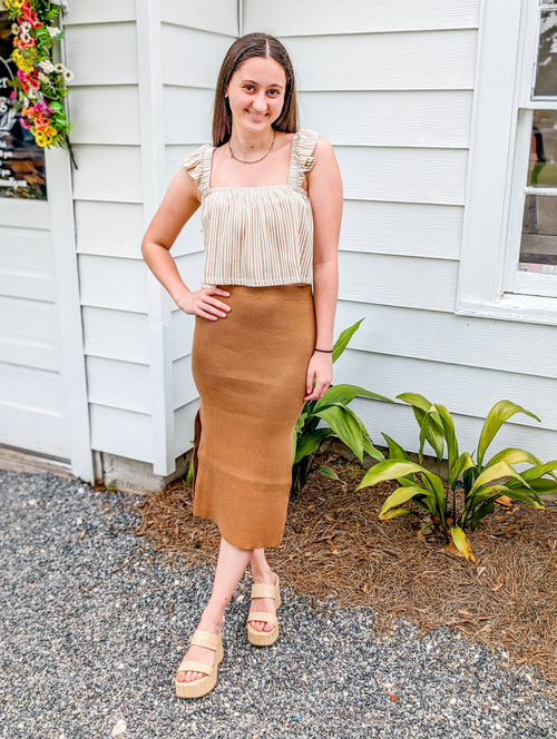 Caramel Ribbed Texture Midi Skirt 