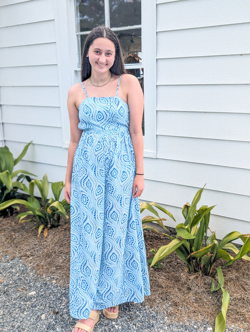 Light Blue with Dark Blue/Gold Patterned Jumpsuit 