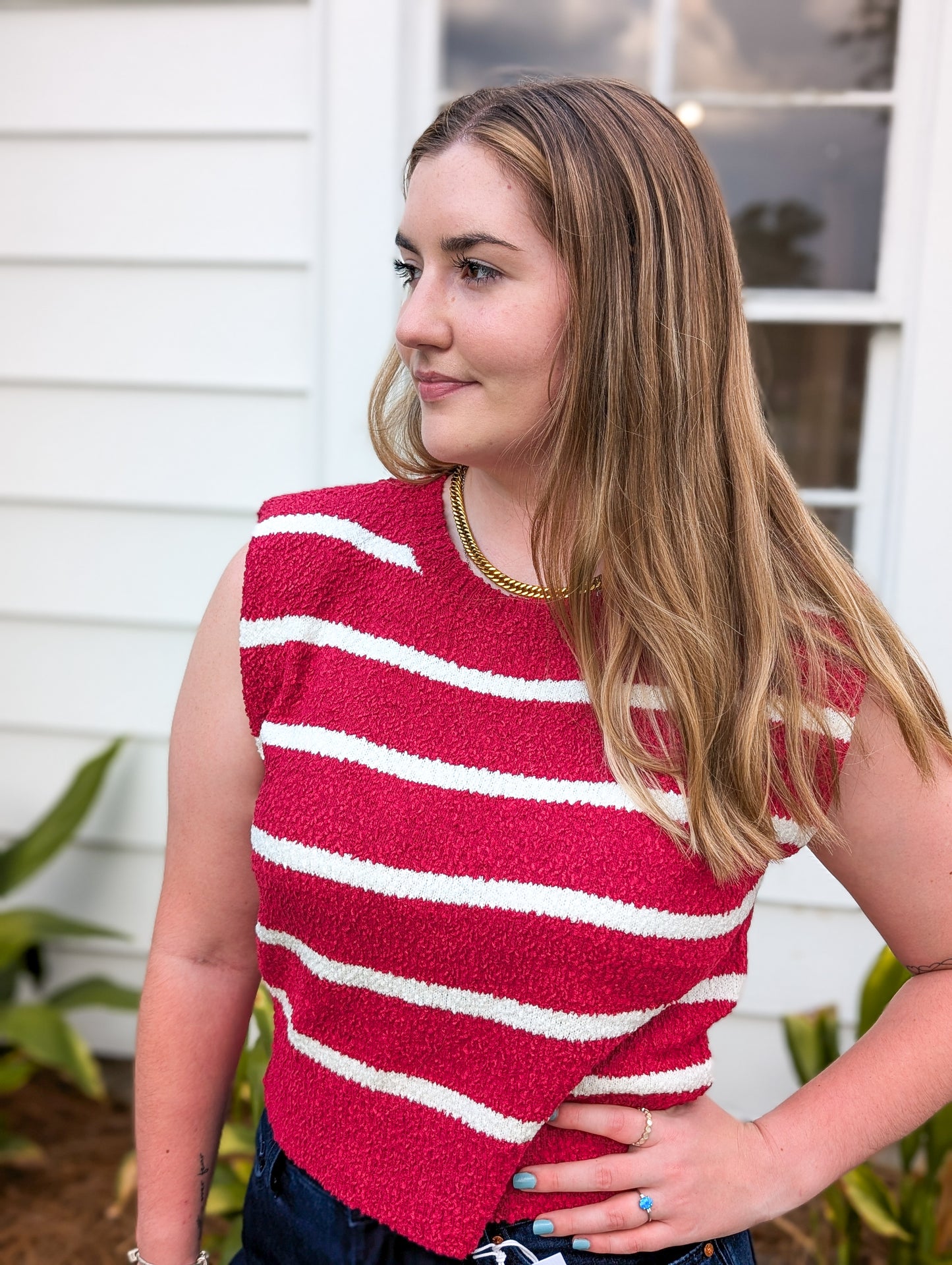 *FINAL SALE*Burgundy & White Striped Shoulder Pad Sleeveless Textured top