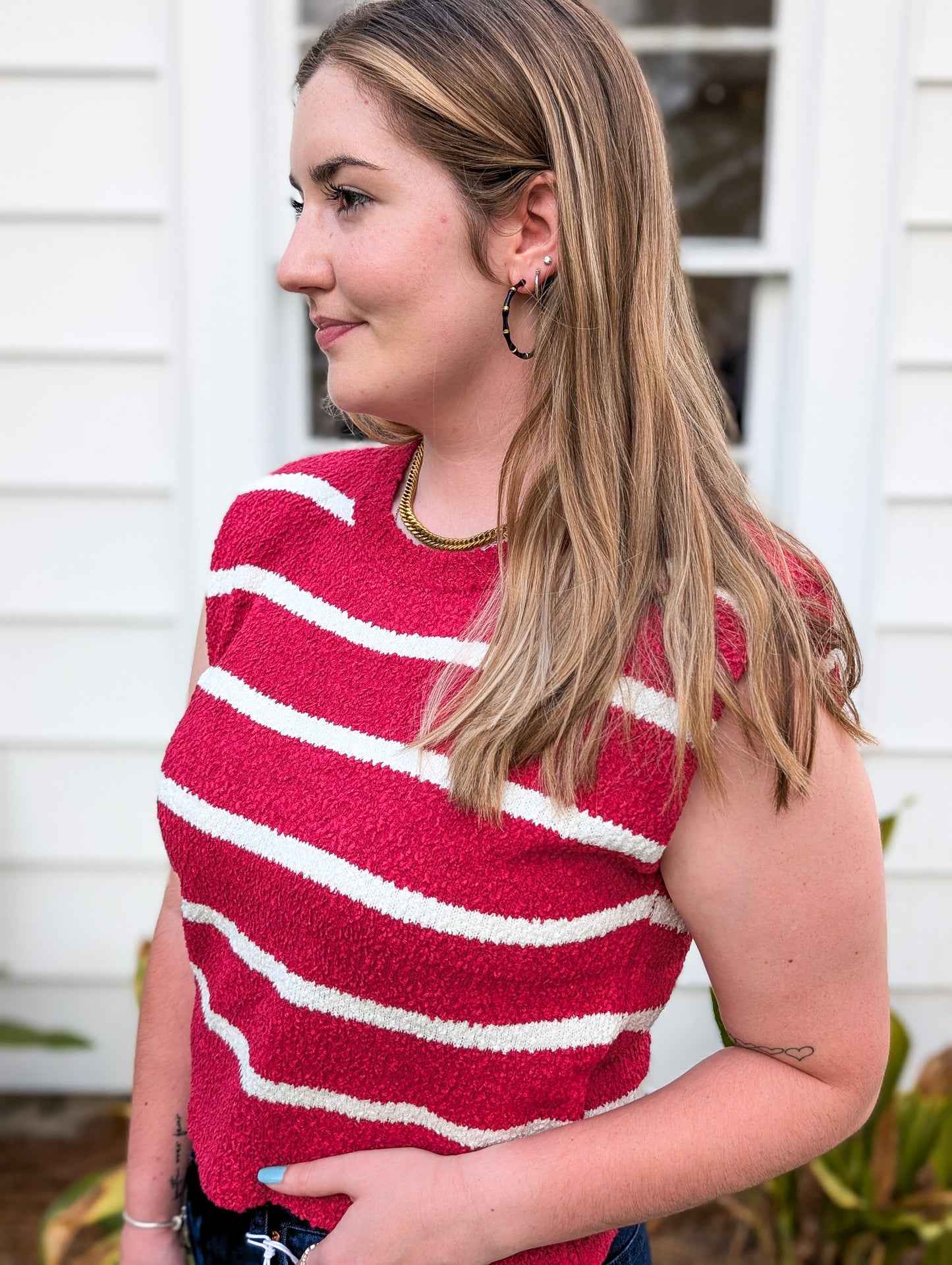 *FINAL SALE*Burgundy & White Striped Shoulder Pad Sleeveless Textured top