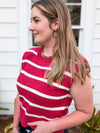 Burgundy & White Striped Shoulder Pad Sleeveless Textured top