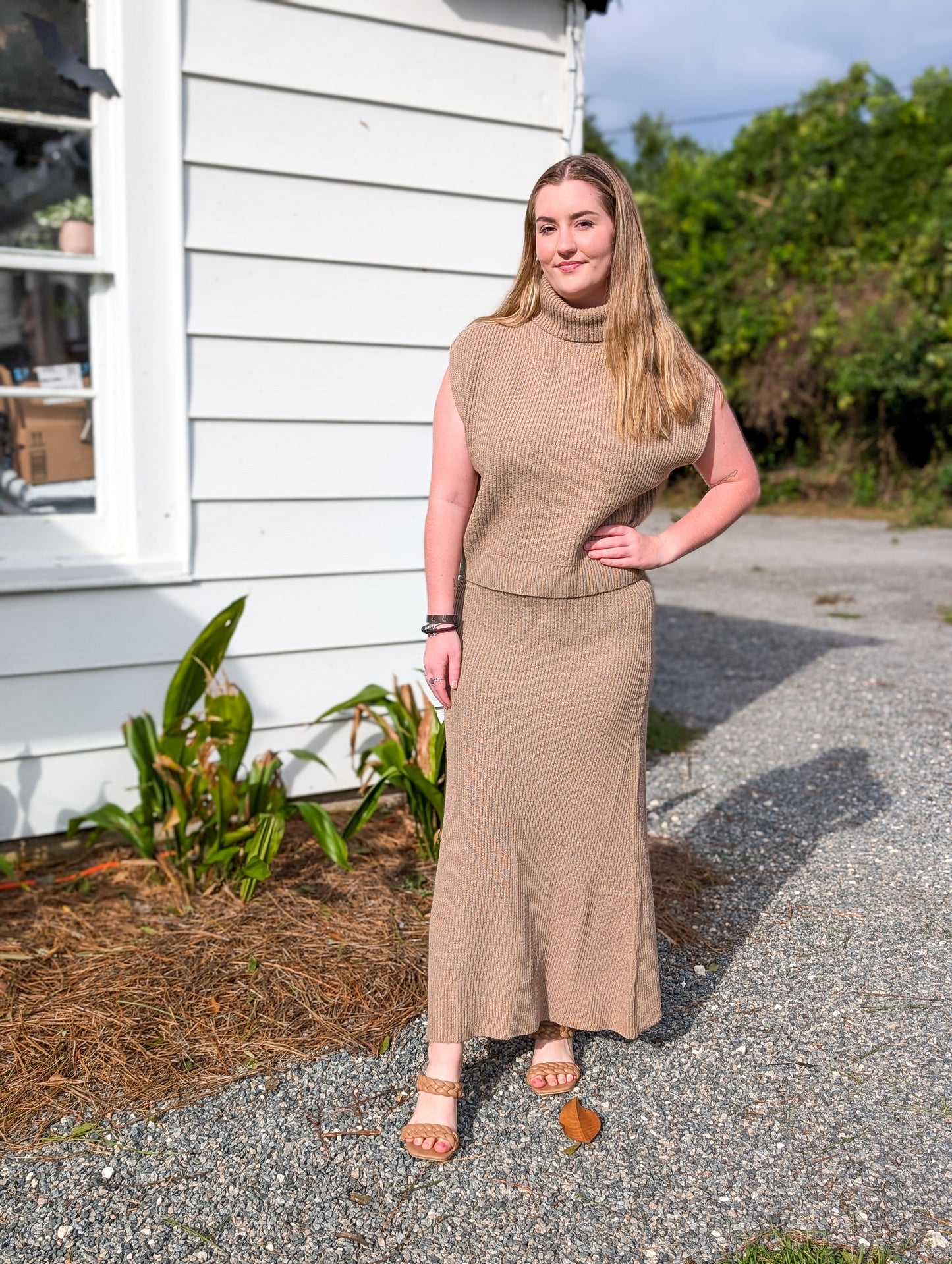 Dark Taupe Ribbed Midi Skirt