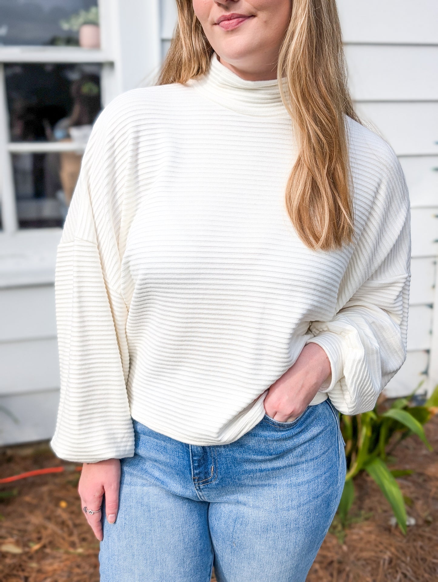 Oversized Ivory Mock Neck Dolman Sleeve Top