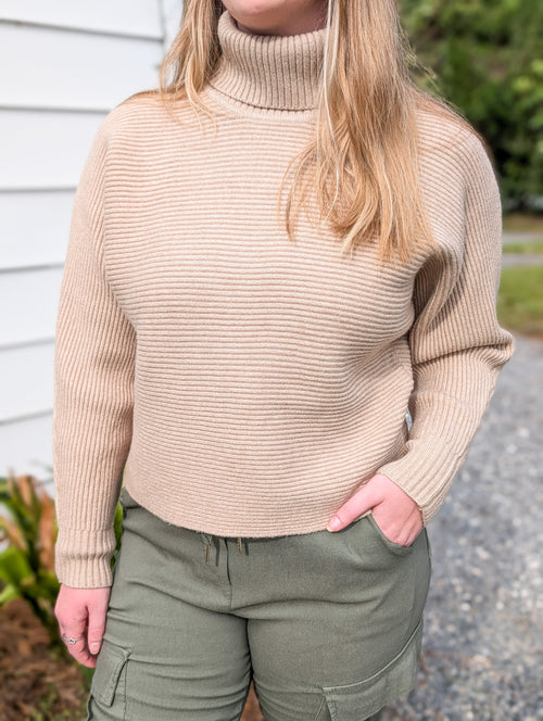 Light Taupe Dolman Sleeve Turtleneck Sweater